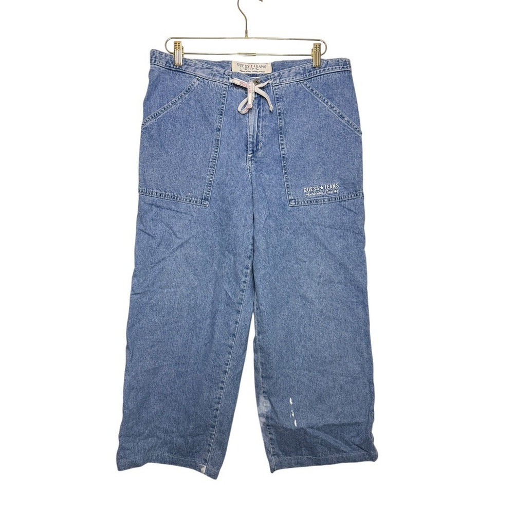 VTG Guess Jeans Women's Blue Denim Cargo Pants Drawstring Waist Garment SZ 32